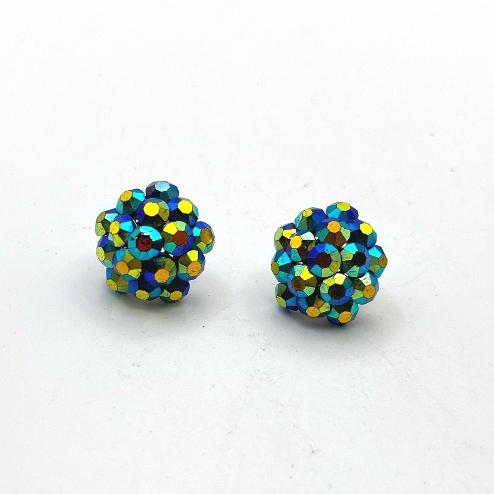 Aurora Borealis AB Blue Green Crystal Cluster Stud Earrings Iridescent Round